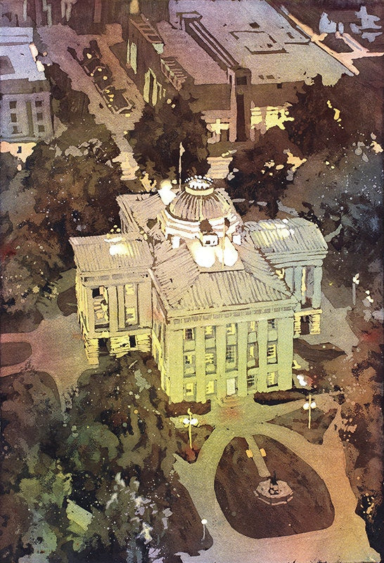 North Carolina state Capitol building in downtown Raleigh, North Carolina, watercolor painting fine art Capitol building Raleigh NC (print)