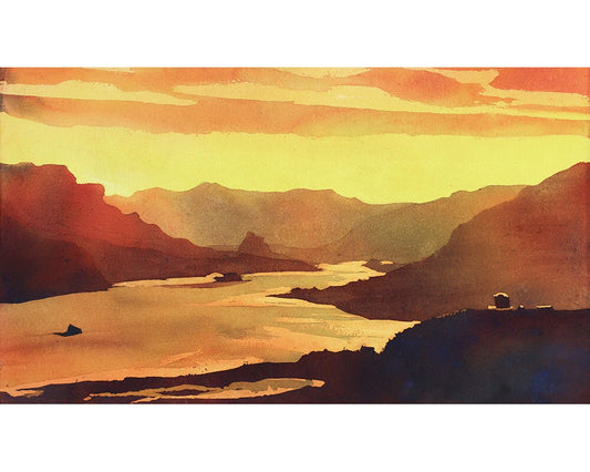 Río Columbia al amanecer en la garganta del río Columbia-Oregón, impresión de bellas artes en acuarela Columbia Gorge pintura en acuarela Oregón (impresión)