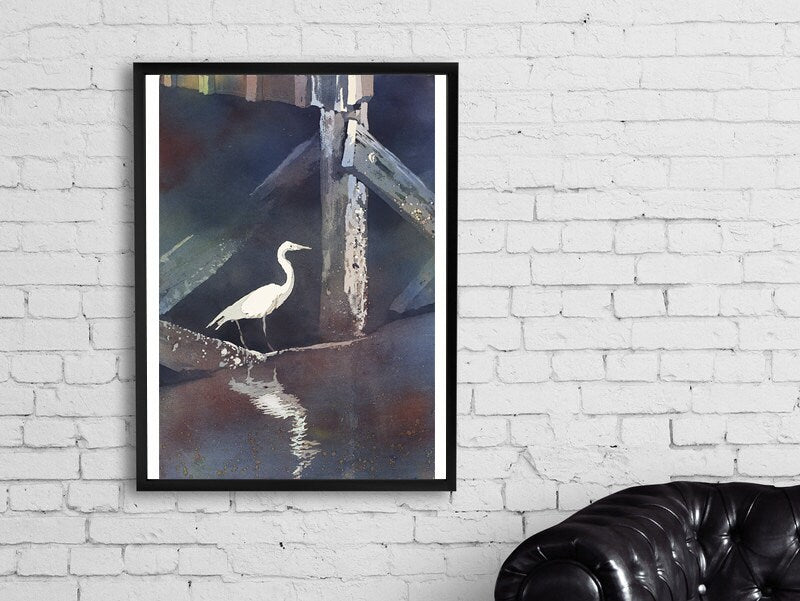 Bird art watercolor painting of heron near water. Bird watercolor painting fine art print, watercolor bird art print wall art heron (print)