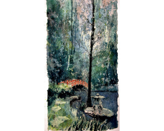 A serene watercolor painting of the red bridge at Sarah P. Duke Gardens at Duke University – Durham, North Carolina, with lush greenery and reflection on the water, perfect as Duke Gardens art and university home decor (print).