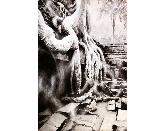 Watercolor painting of a sycamore tree entwined with the ancient stone ruins of Ta Prohm Temple at Angkor Wat archaeological park, Siem Reap, Cambodia—perfect Angkor Wat art and travel wall decor.