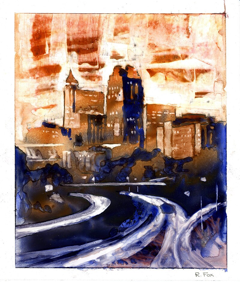 Raleigh, NC downtown skyline at sunset, Raleigh art,  Raleigh skyline painting fine art watercolor architecture painting landscape (print)