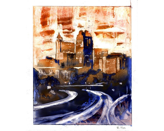 Raleigh, NC downtown skyline at sunset, Raleigh art,  Raleigh skyline painting fine art watercolor architecture painting landscape (print)