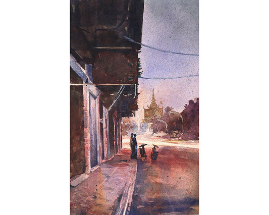 Painting of Royal Palace  and French colonial architecture of street at dusk in city of Phnom Penh- Cambodia.  Watercolor painting Cambodia (print)