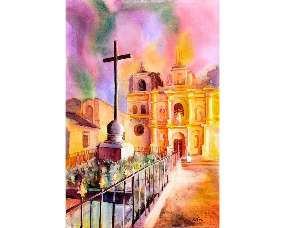 Church in Antigua, Guatemala Art Antigua painting Watercolor Antigua  Guatemala art Watercolor print  Colorful art church (print)