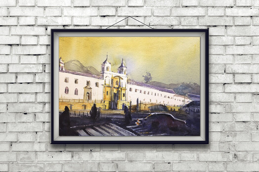Catholic monastery- Old Town Quito, Ecuador at sunrise, Watercolor print Quito Ecuador, Quito Ecuador landscape wall art (print)