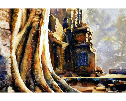 Watercolor painting of the iconic ruins of Ta Prohm Temple under the immense canopy and roots of a sycamore tree at Angkor Wat, Siem Reap.