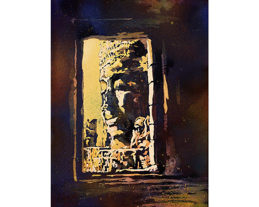 Expressive watercolor of Cambodia’s Bayon Temple ruins glowing under a radiant sunset sky—perfect for cultural home decor or thoughtful gift for him or her.