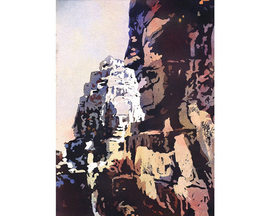 Colorful watercolor showing Bayon Temple ruins with tropical trees and a radiant sky at sunset—perfect for global travelers and art collectors.