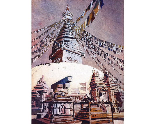 Estupa budista de Swayambhunath en el valle de Katmandú, Nepal. Pintura de acuarela budista, estupa Nepal arte mural giclee, pintura de bellas artes Stupa