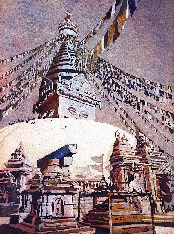 Buddhist stupa colorful watercolor painting Nepal home decor travel essentials trending now (original)