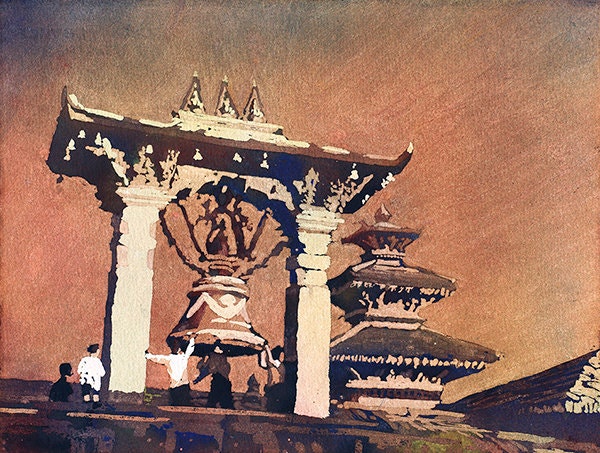 Watercolor painting of Taleju Bell in Durbar Square of Patan- Kathmandu Valley Nepal  Watercolor art Kathmandu Nepal painting art giclee