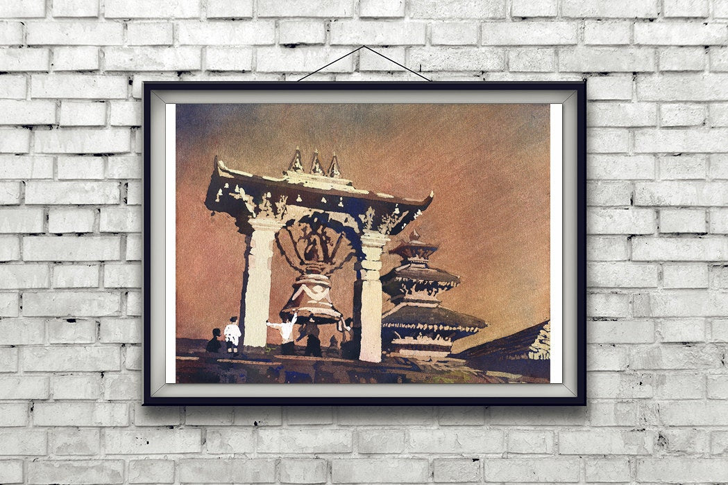 Watercolor painting of Taleju Bell in Durbar Square of Patan- Kathmandu Valley Nepal  Watercolor art Kathmandu Nepal painting art giclee