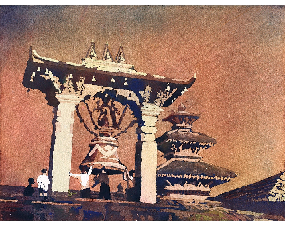 Watercolor painting of Taleju Bell in Durbar Square of Patan- Kathmandu Valley Nepal  Watercolor art Kathmandu Nepal painting art giclee