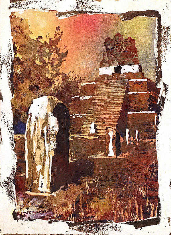 Mayan ruins of Tikal- Guatemala.  Watercolor original painting fine art print Tikal ruin Guatemala Mayan ruins painting (original artwork)