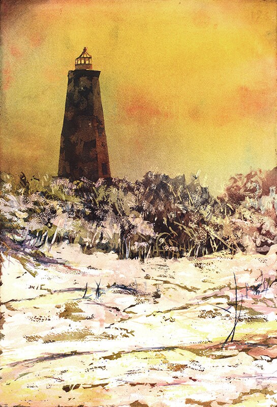 Antiguo faro de Baldy en Bald Head Island- pintura del faro de Carolina del Norte, impresión de bellas artes del faro de acuarela Arte de Bald Head Island (impresión)