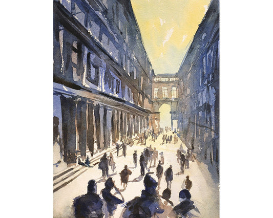 Florencia, Italia acuarela del exterior de los Uffizi. Pintura de acuarela de bellas artes de Florencia, Italia acuarela, museo de arte de los Uffizi Italia (impresión)