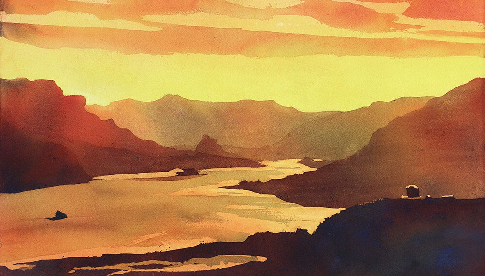 Columbia River at dawn in the Columbia River Gorge- Oregon, watercolor fine art print Columbia Gorge watercolor painting Oregon (print)