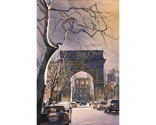 Watercolor painting of Triumphal Arch in Washington Square at dusk- New York City, New York (USA).