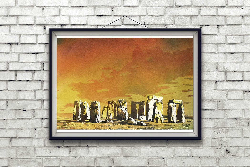 Stonehenge watercolor at sunset in UK, Stonehenge painting art print, Stonhenge fine art, Stonehenge watercolor giclee painting ruins UK