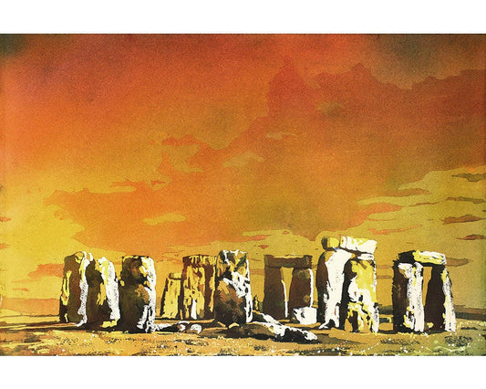 Stonehenge watercolor at sunset in UK, Stonehenge painting art print, Stonhenge fine art, Stonehenge watercolor giclee painting ruins UK