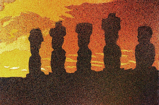 A serene watercolor landscape showing ancient Moai figures in silhouette during sunrise on Easter Island—great for art for home/office and travel decor themes.
