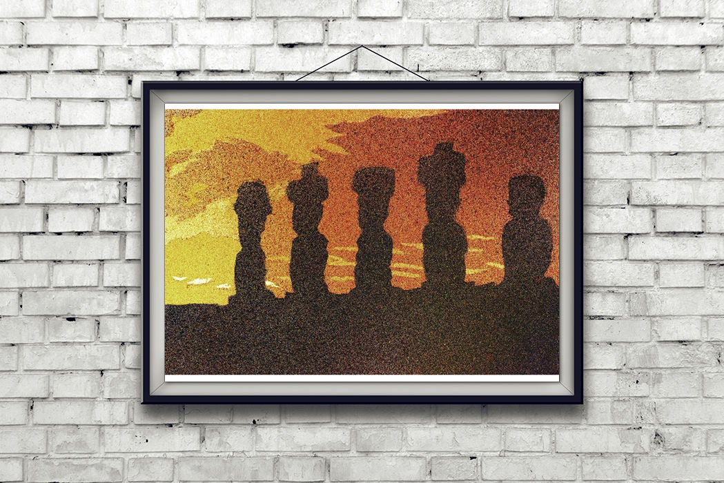 Ruined Moai statue at Ahu Tongariki at sunrise- Easter Island, Chile.  Easter Island art Moai statue watercolor painting Easter Island