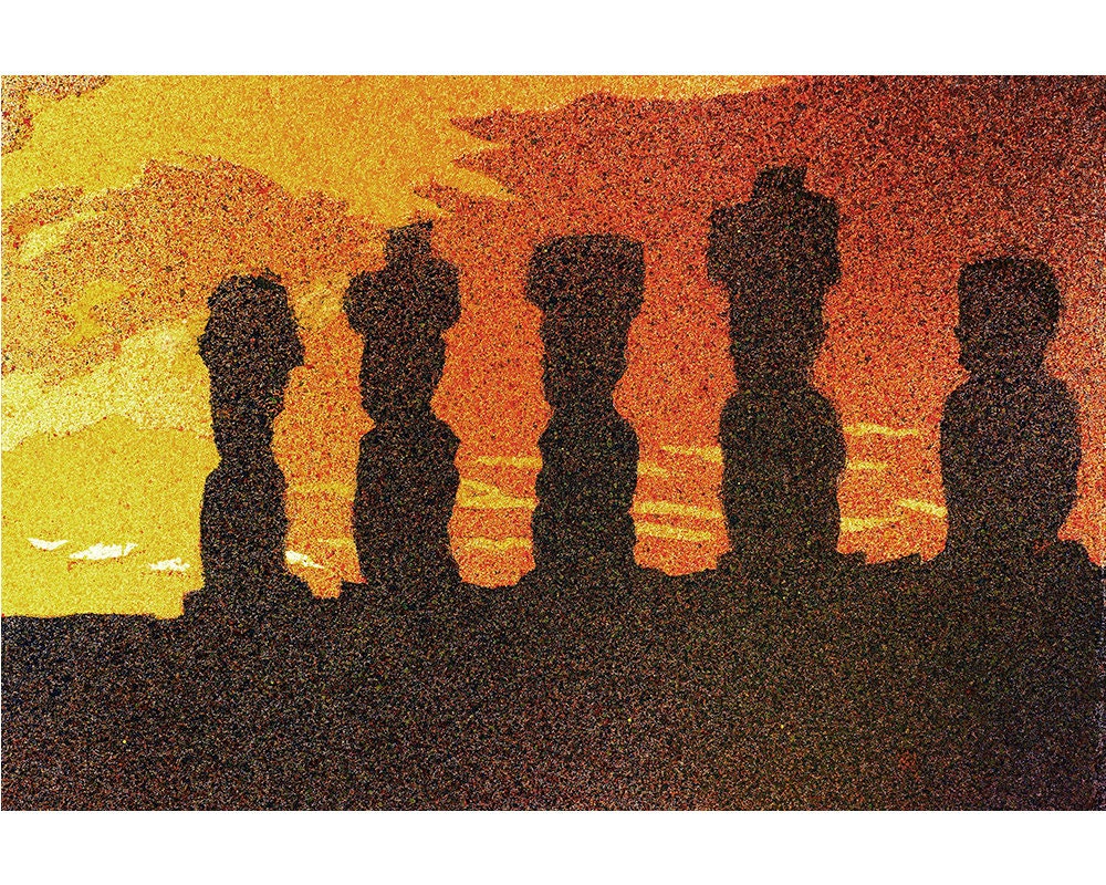 Ruined Moai statue at Ahu Tongariki at sunrise- Easter Island, Chile.  Easter Island art Moai statue watercolor painting Easter Island