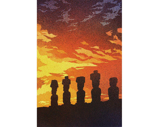 This fine art batik painting captures the sacred stillness of Easter Island’s Moai statues at sunset—perfect for meaningful wall decor or graduation gifts.