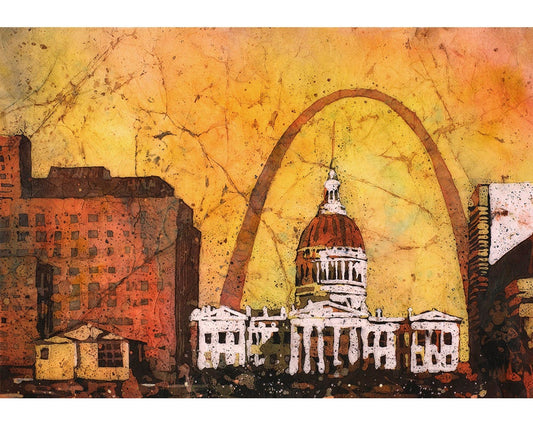 St. Louis at dusk- Missouri (USA), batik painting St. Louis Courthouse art painting, watercolor landscape art print St. Louis arch artwork