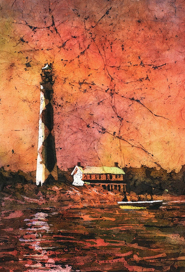 Lighthouse painting- Outer Banks, North Carolina.  Batik painting Cape Lookout lighthouse art watercolor painting lighthouse batik art red (print)