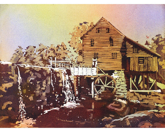 Yates Mill near Raleigh, North Carolina.  Watercolor painting Yates Mill wall art fine art print giclee Raleigh, NC watercolor painting