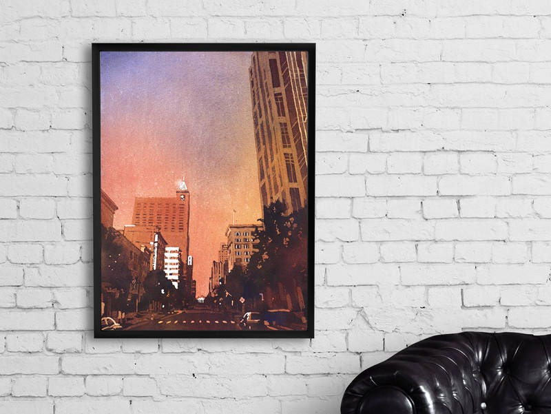 Downtown Raleigh, NC skyscrapers at sunrise -North Carolina, Watercolor painting Raleigh skyline art NC wall art sunrise North Carolina (print)