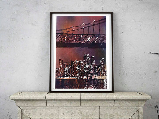Vibrant Manhattan skyline watercolor art showing the city at sunset with the Brooklyn Bridge in view—ideal gift for him or her.