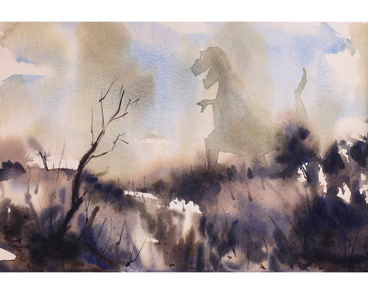 Dinosaur roaming landscape painting- fine art watercolor painting. Monster t-rex art print, dinosaur art watercolor art landscape (print)