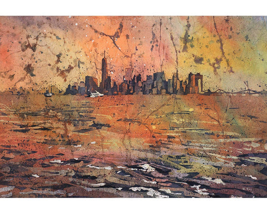 Watercolor batik painting of skyline of Manhattan and World Trade Center at dusk- New York City, New York