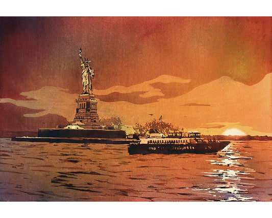 Watercolor painting of the Statue of Liberty silhouetted against a vibrant sunset sky over Liberty Island in New York City—perfect NYC art for house decor.