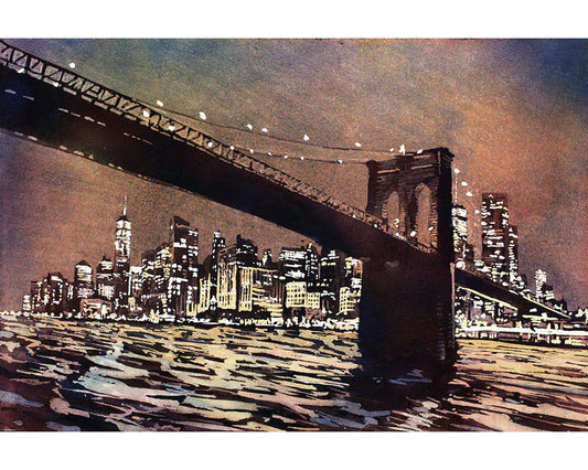 Artistic watercolor rendering of NYC skyline with reflections over the river and the iconic bridge—New York art perfect for urban design spaces.