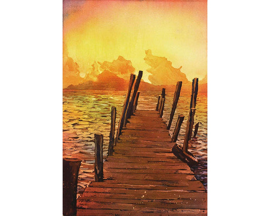 Puesta de sol sobre el agua y los volcanes del lago Atitlán al atardecer- Guatemala. Acuarela paisaje pared arte Guatemala lago naranja arte lago arte (impresión)