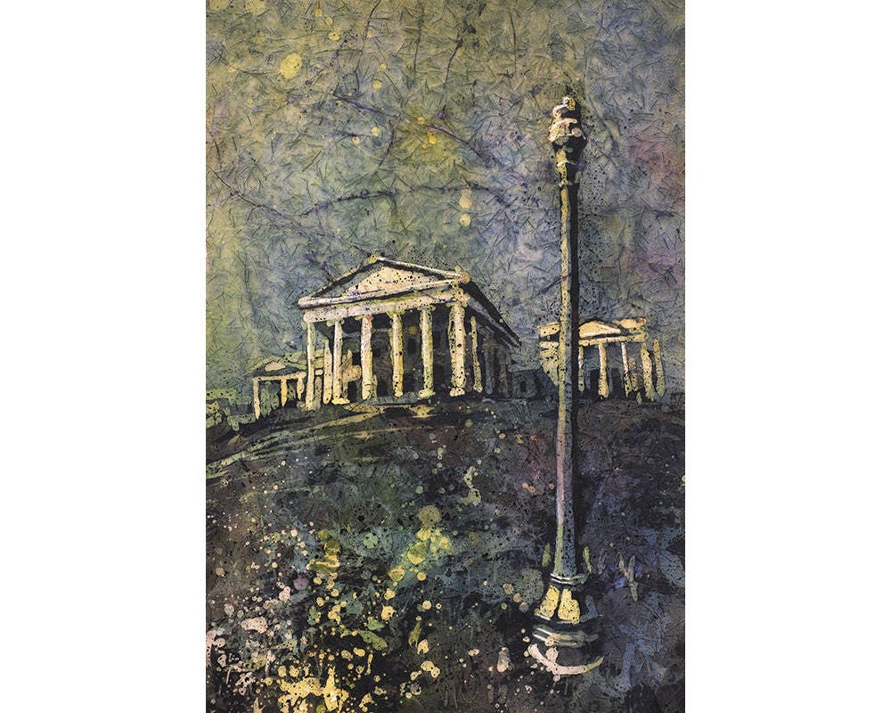 Richmond Virginia Capitol building. Watercolor batik painting of Richmond Capitol building.  Watercolor batik painting Richmond skyline art (print)