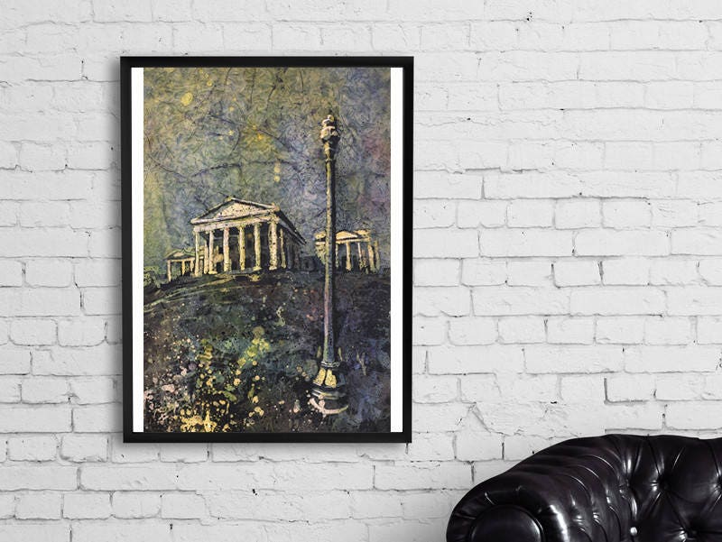 Richmond Virginia Capitol building. Watercolor batik painting of Richmond Capitol building.  Watercolor batik painting Richmond skyline art (print)