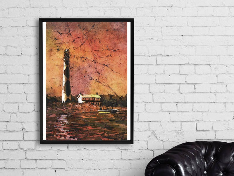 Lighthouse painting- Outer Banks, North Carolina.  Batik painting Cape Lookout lighthouse art watercolor painting lighthouse batik art red (print)