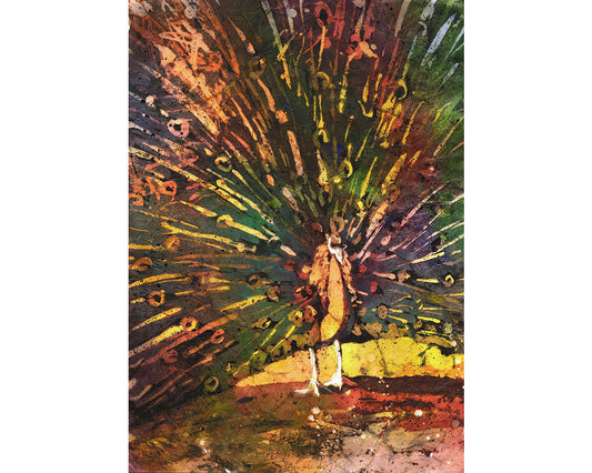 Peacock watercolor batik painting- fine art watercolor painting on Japanese rice paper, peacock artwork, home decor peacock watercolor (print)