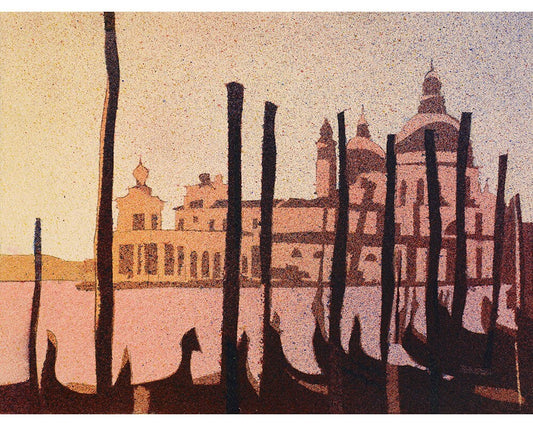 Dreamy Venice cityscape painting showcasing canal reflections and iconic Italian landmarks.
