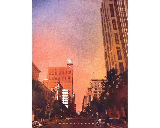 Downtown Raleigh, NC skyscrapers at sunrise -North Carolina, Watercolor painting Raleigh skyline art NC wall art sunrise North Carolina (print)