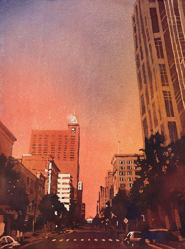 Downtown Raleigh, NC skyscrapers at sunrise -North Carolina, Watercolor painting Raleigh skyline art NC wall art sunrise North Carolina (print)