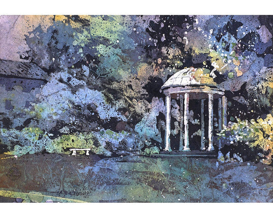 University of North Carolina Old Well fine art watercolor painting in soft, soothing tones, a popular print for graduation gifts and sentimental alumni mementos.