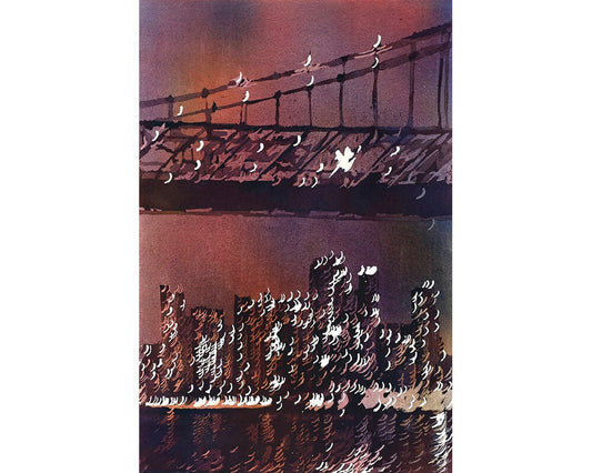 Poured watercolor painting of Manhattan skyline and Bridge at dusk in the city of New York- New York, USA