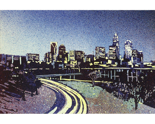 Fine art watercolor of Charlotte, NC cityscape at dusk, capturing urban charm and Southern warmth.
