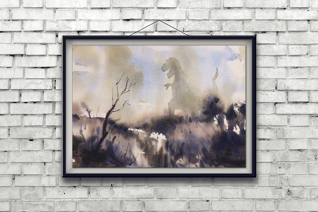 Dinosaur roaming landscape painting- fine art watercolor painting.  Monster t-rex art print, dinosaur art watercolor art landscape (print)